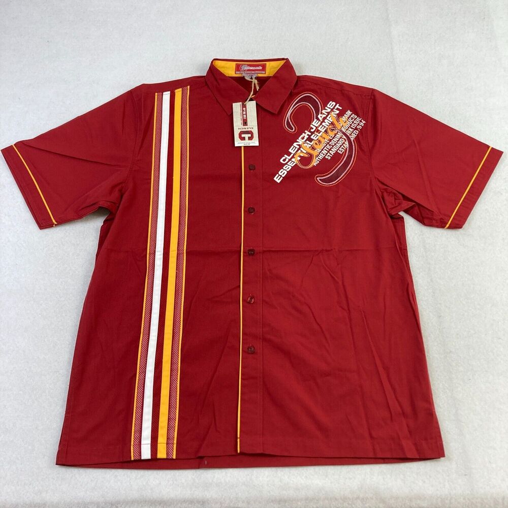 Vintage Clench Jeans Button Up Shirt Mens Large Red Short Sleeve Embroidered Y2K